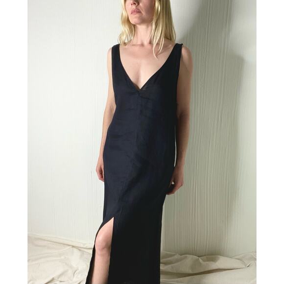 Reformation Dresses & Skirts - REFORMATION Black Linen V Neck Plunge Back Slit Maxi Dress US XS/S